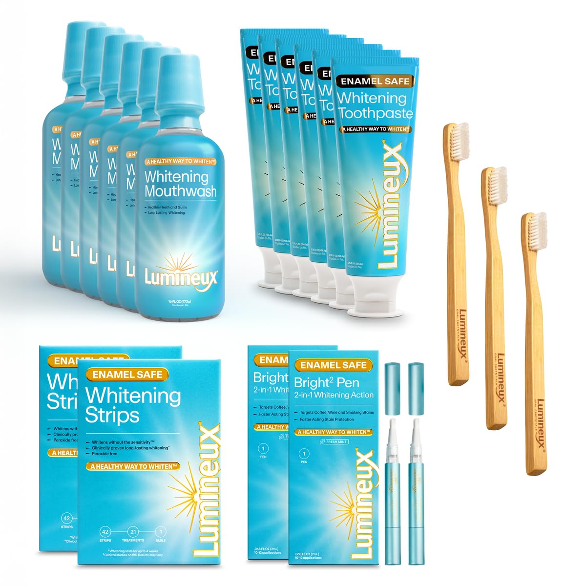 Lumineux Longevity Whitening Kit Bundle - Contains 6X Toothpastes, 6X Mouthwashes, 2X Strips and 2X Whitening Pens - Enamel Safe and Clinically Proven to Whiten Without The Sensitivity