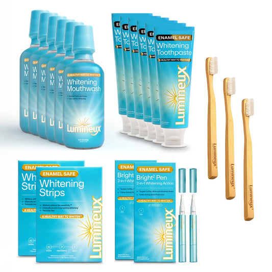 Lumineux Longevity Whitening Kit Bundle - Contains 6X Toothpastes, 6X Mouthwashes, 2X Strips and 2X Whitening Pens - Enamel Safe and Clinically Proven to Whiten Without The Sensitivity
