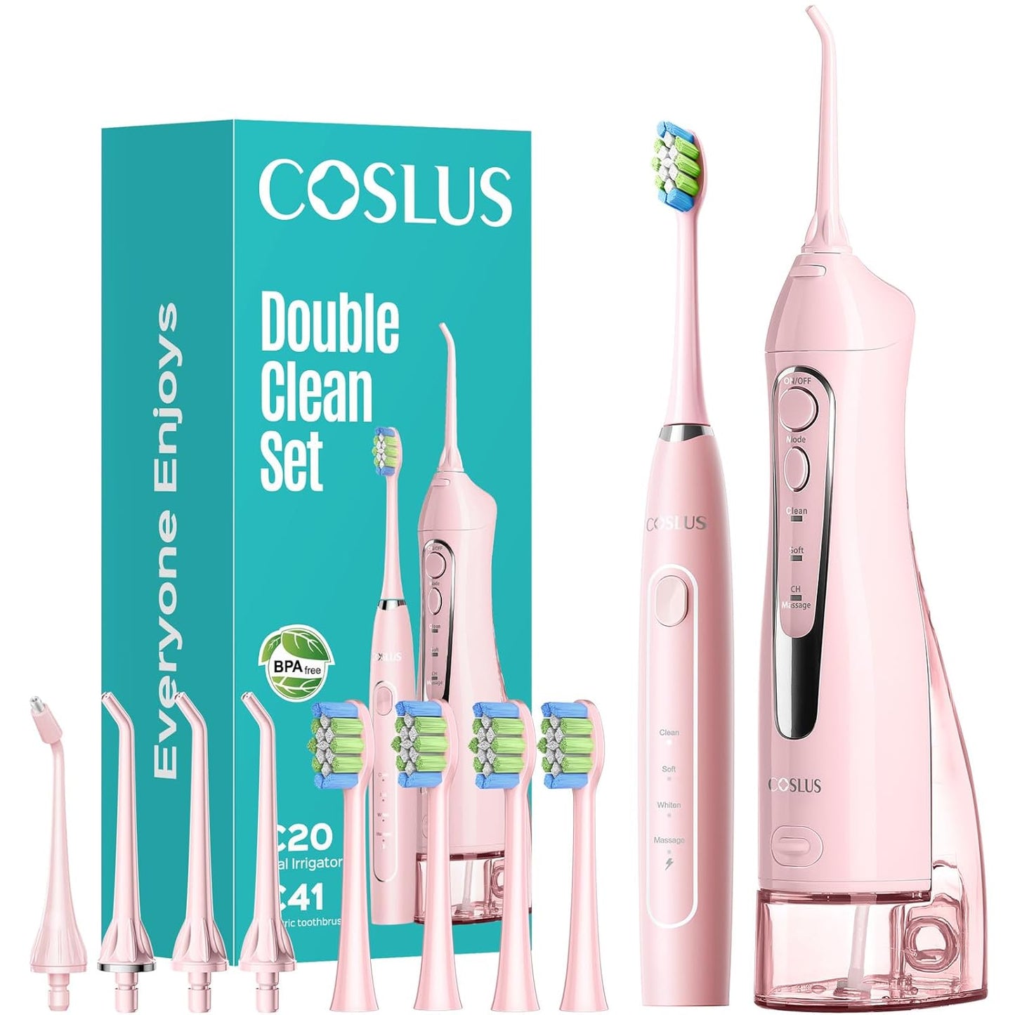 COSLUS Portable Water Flosser with Electric Toothbrush Combo: 2-in-1 Oral Clean Kit for Teeth, Braces, Gums Care - Brushing & Flossing for Adults, Family, Travel Use, BPA-Free, Pink, C20 & C41