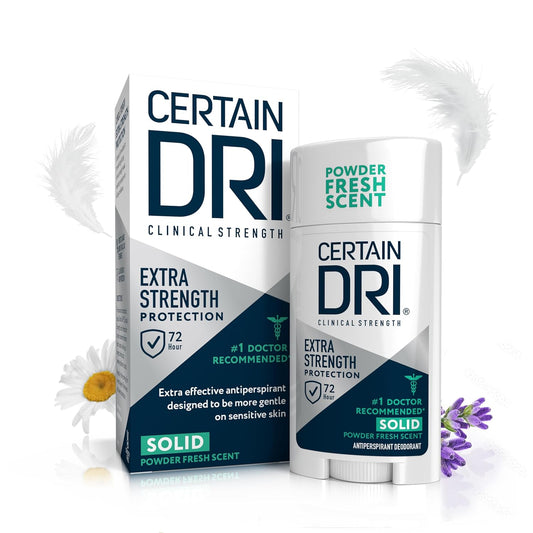 Certain Dri Extra Strength Clinical Solid Antiperspirant, 72-Hour Sweat & Odor Protection for Hyperhidrosis, Maximum-Strength, Powder Fresh Scent, 1.7 oz (Pack of 1)