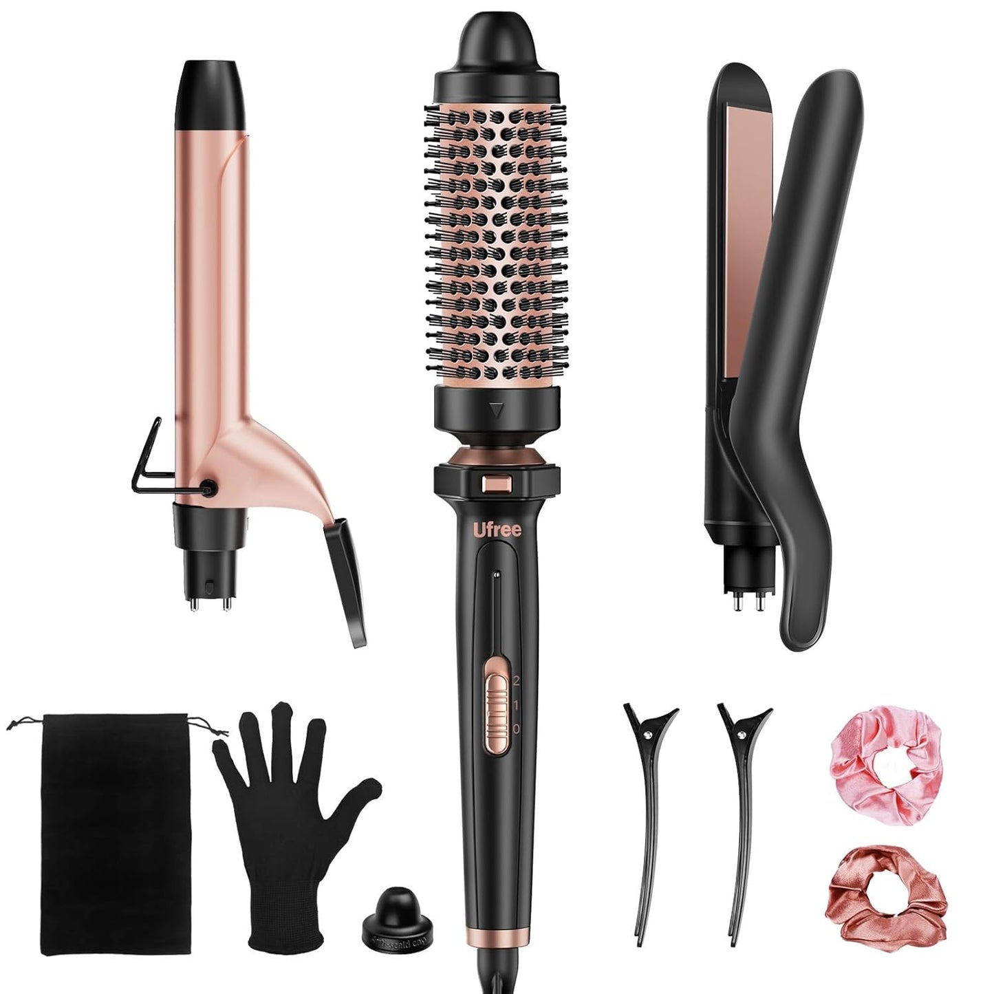 Ufree 3 in 1 Curling Iron, Curling Wand Set with Thermal Brush Flat Iron Hair Straightener, Dual Voltage Wand Curler, Instant Heat Up Hair Curler, Include Protective Glove 2 Clips, Gifts for Women
