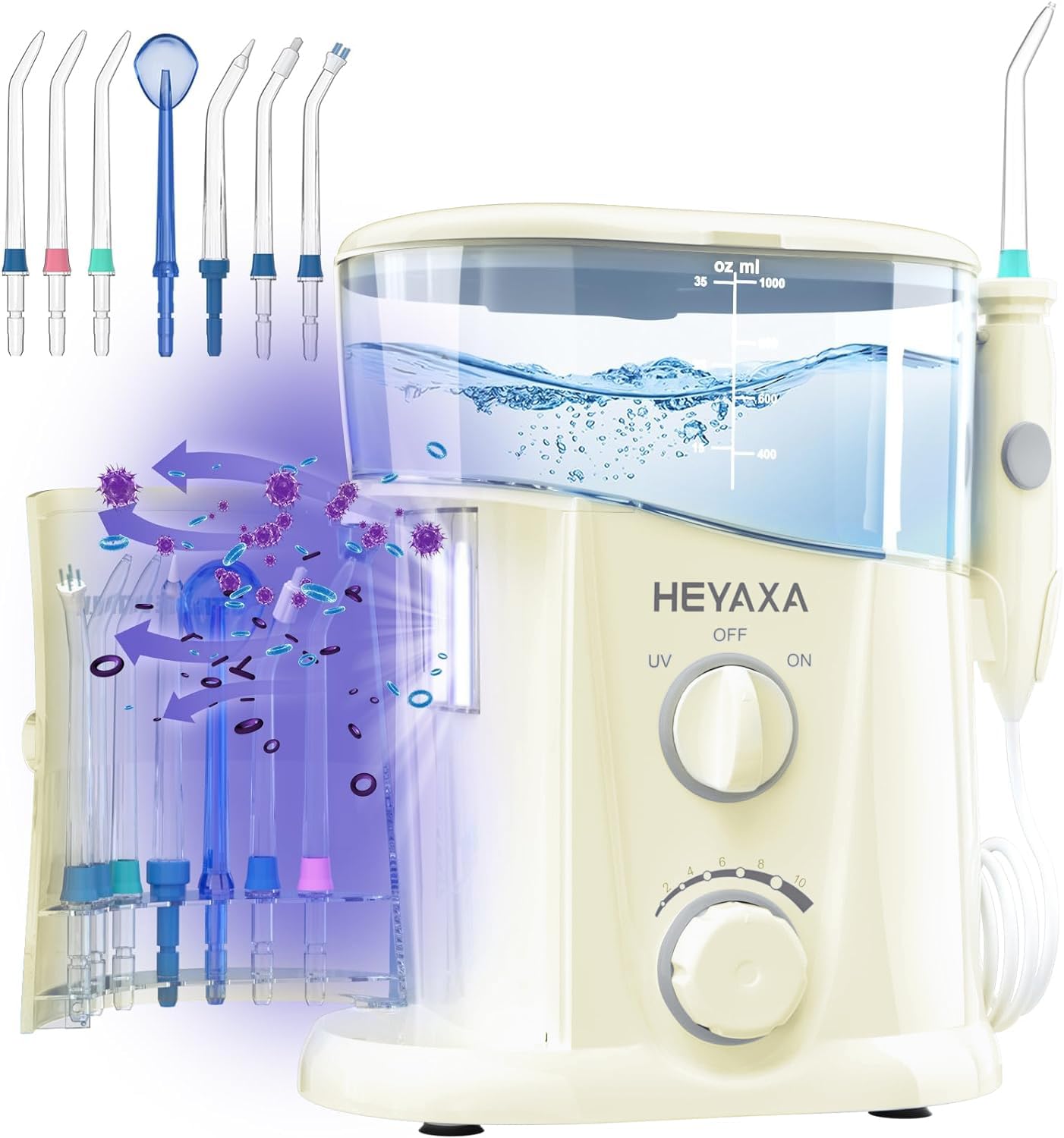 Water Dental Flosser for Teeth Cleaning with 1000ML Large Capacity and UV Storage, 10 Adjustable Pressure Electric Oral Irrigator with 7 Jet Tips for Home Use, Gums, Braces (Ivory White)