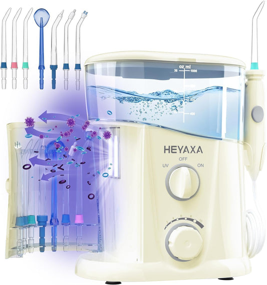 Water Dental Flosser for Teeth Cleaning with 1000ML Large Capacity and UV Storage, 10 Adjustable Pressure Electric Oral Irrigator with 7 Jet Tips for Home Use, Gums, Braces (Ivory White)