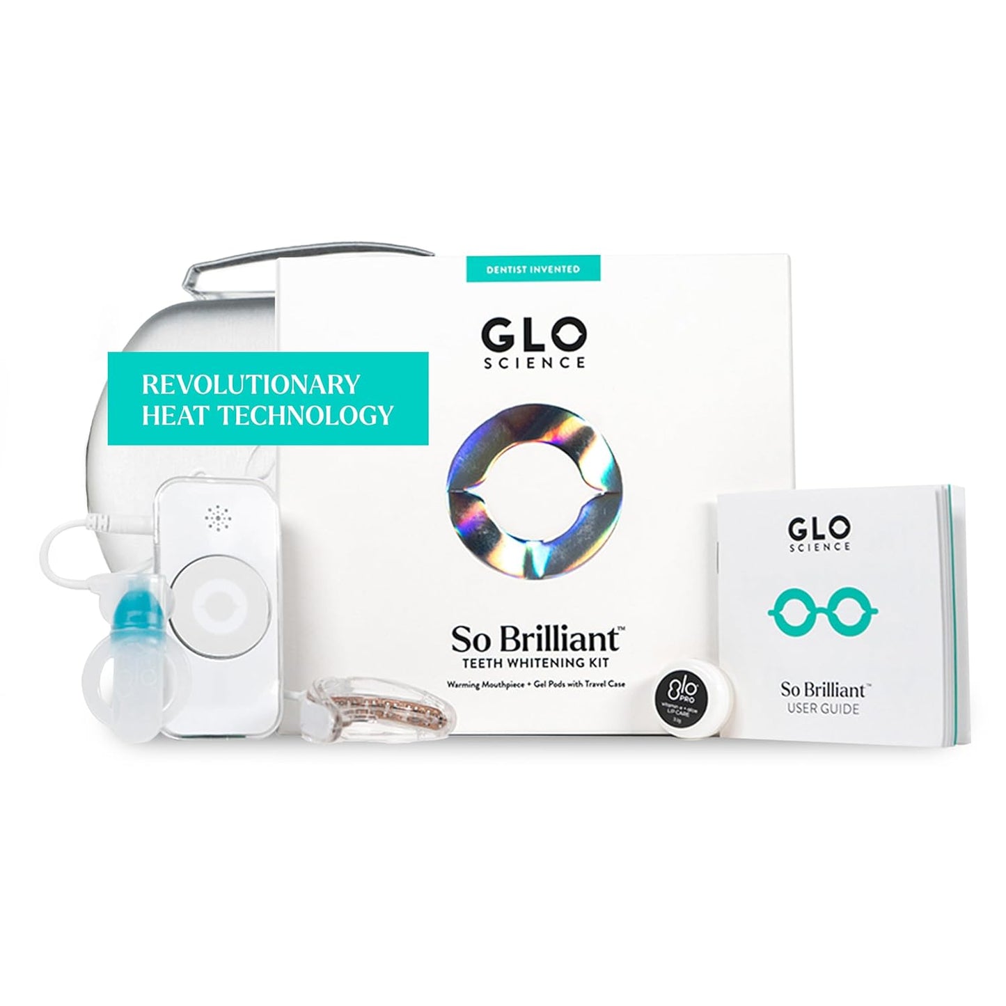 GLO Science So Brilliant Tooth Whitener Set – Unique Heat Technology for Fast, Sensitivity Free Teeth Whitening – Patented Mouthpiece with LED Light, Gel Pods with 6% HP, Lip Balm, & Travel Case