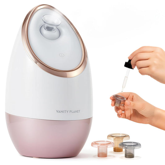 Vanity Planet Aira Ionic Facial Steamer (Rose Gold) - Pore Cleaner That Detoxifies, Cleanses and Moisturizes - Adjustable Nozzle, Water Tank with 3 Essential Oil Baskets