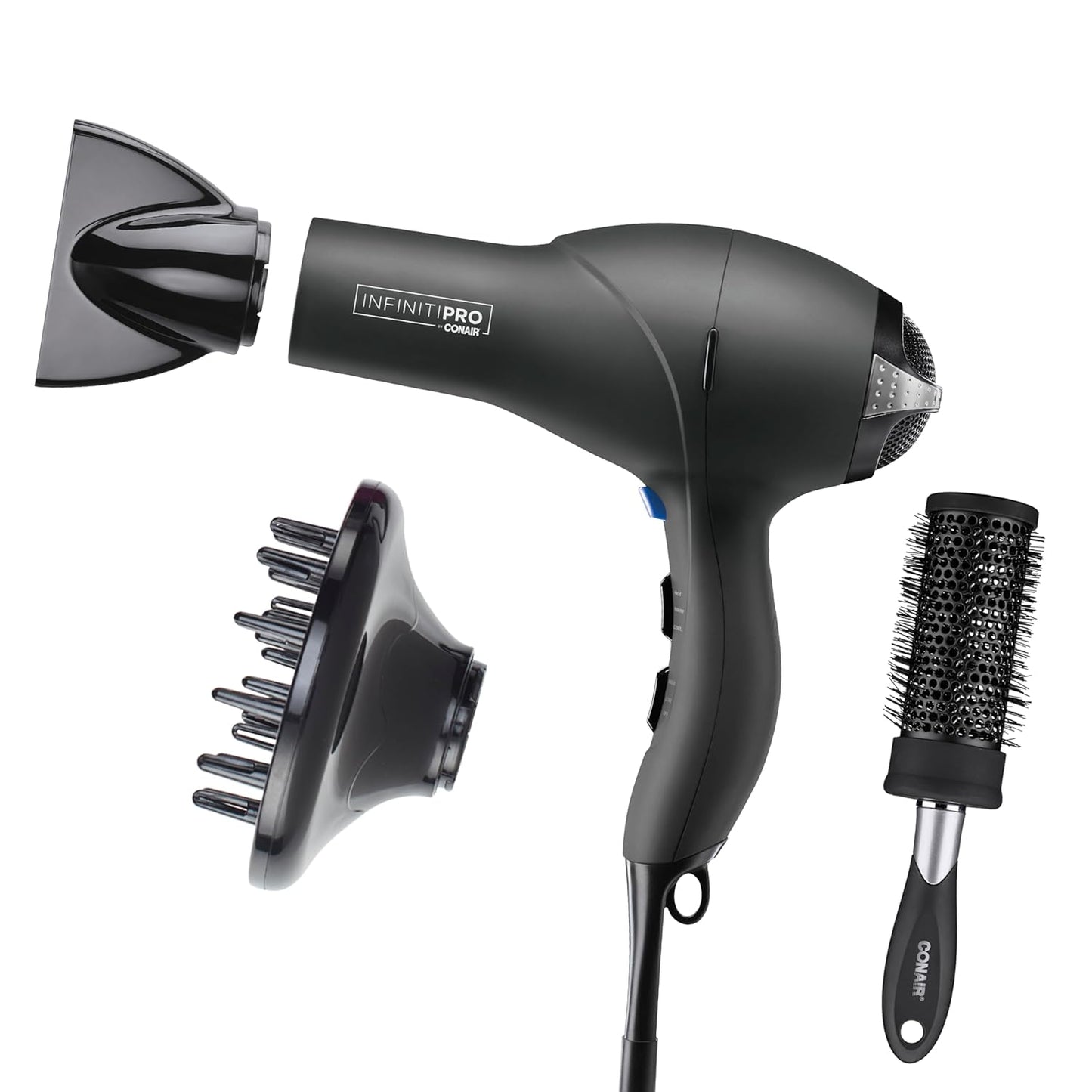 Infiniti PRO CONAIR Hair Dryer with Diffuser, Professional AC Motor, Tourmaline Ceramic Technology Blow Dryer, Includes Concentrator and Blowout Brush, Amazon Exclusive, Gray