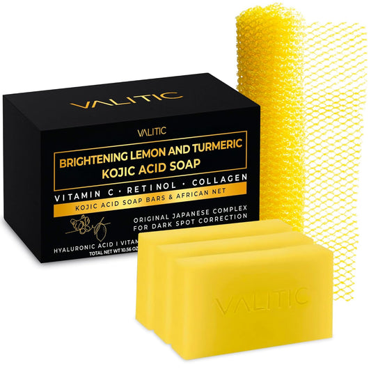 VALITIC Brightening Lemon & Turmeric Kojic Acid Soap, Vitamin C, Retinol - Original Japanese Complex with Hyaluronic Acid, Vitamin E, Shea Butter, Castile Olive Oil - 3 Pack Bundle with African Net