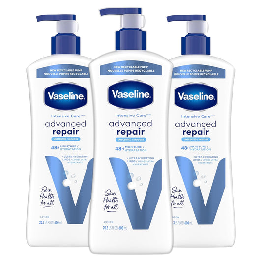 Vaseline Intensive Care Unscented Advanced Repair Body Lotion - Ultra-Hydrating with Lipids for Extremely Dry Skin, 20.3 oz, Pack of 3