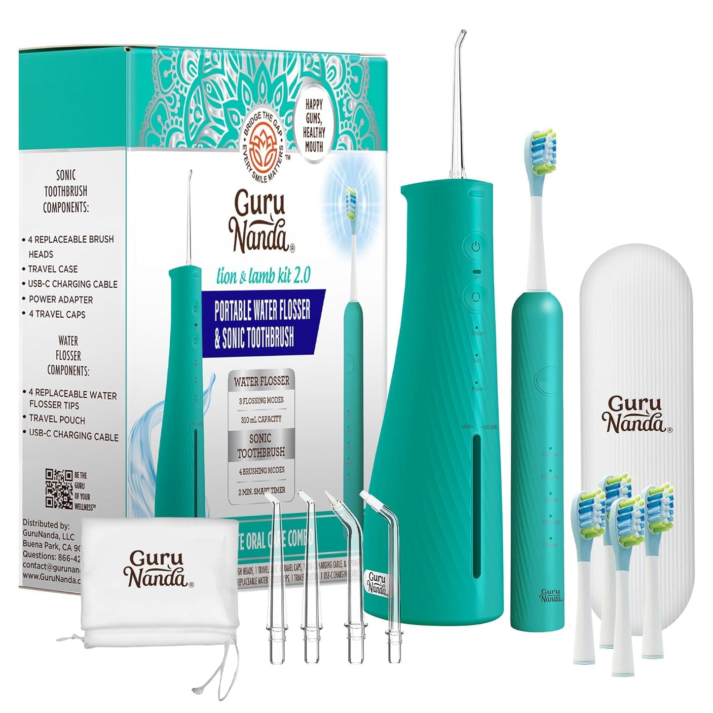 GuruNanda Lion & Lamb Kit 2.0, Electric Toothbrush with Water Flosser Combo, 4 Jet Tips, 4 Brush Heads, & IPX7 Waterproof Design for Complete Oral Care, Teal