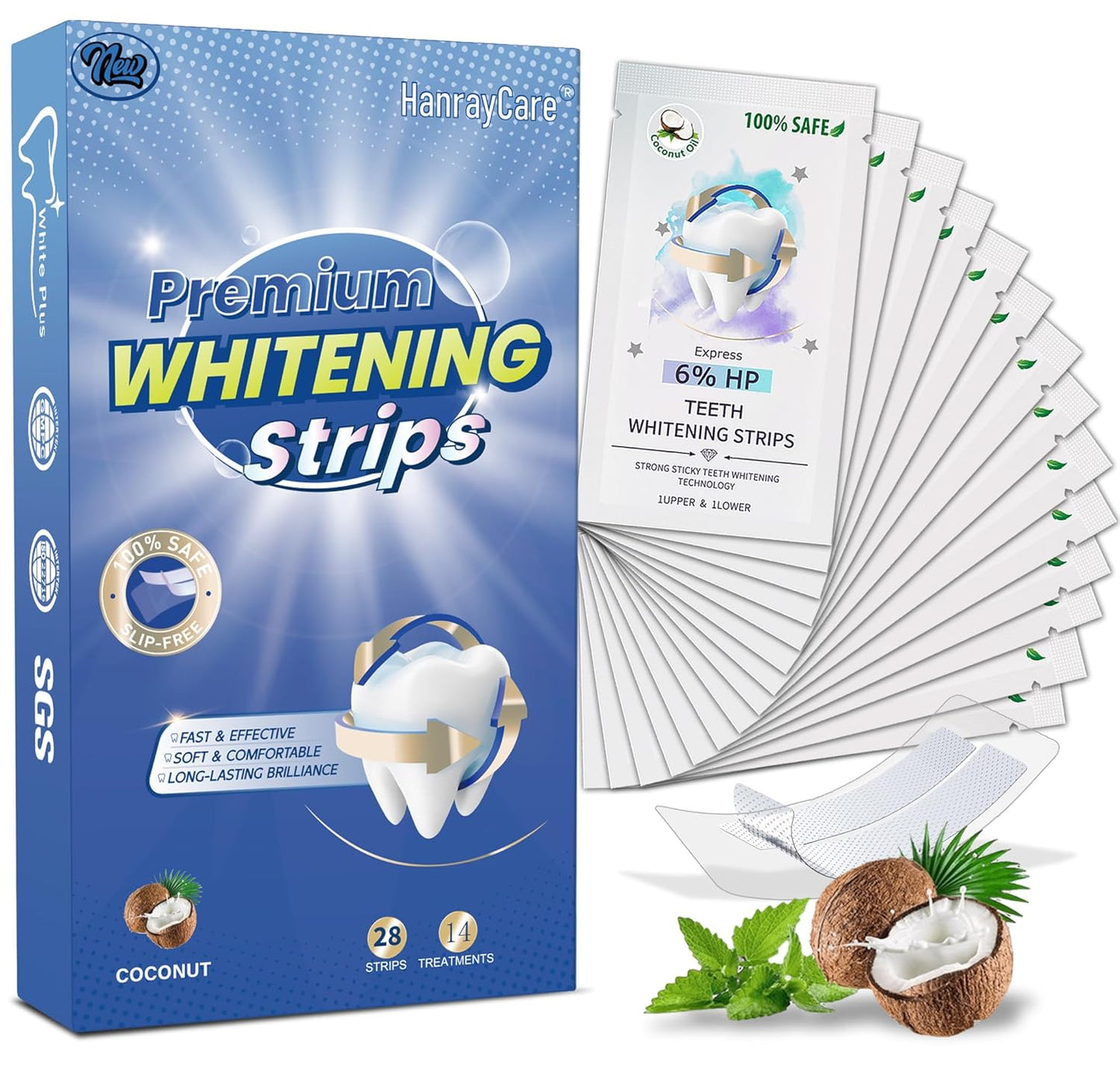 Enamel-Safe Teeth Whitening Strips for Deep Stain Removal, Professional Dentist-Approved with Hydrogen Peroxide, Super Sticky & Non-Slip, Clinically Tested Brightening Kit, 28 Ct (14-Day) | HanrayCare