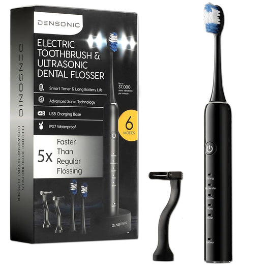 Electric Toothbrush and Flosser Combo Kit | Deep Clean Rechargeable Toothbrush | Easy Gliding Dental Floss for Gentle Gum Care | Cordless Sonic Power | 6 Cleaning Modes | Black