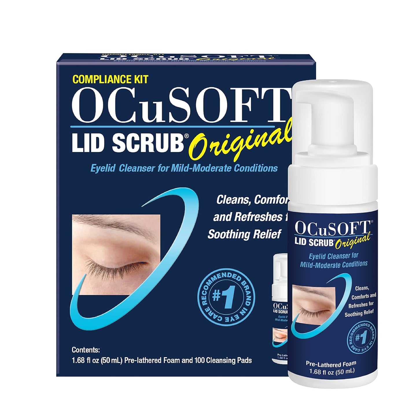 OCuSOFT Lid Scrub Original Compliance Kit - Instant Foaming Eyelid Scrub & Lint-Free Wipes - Daily Eyelid Kit to Remove Oil, Dust, Pollen & Eye Makeup - 1.68 fl oz & 100 Dry Pads