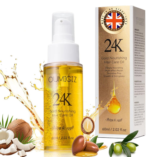 24K Gold Hair Oil Made in the UK – Repair & Shine Serum with Coconut, Argan & Olive Oils – Vegan Heat Protectant, Frizz Control for Dry, Damaged Hair (2.02 Fl Oz (Pack of 1))