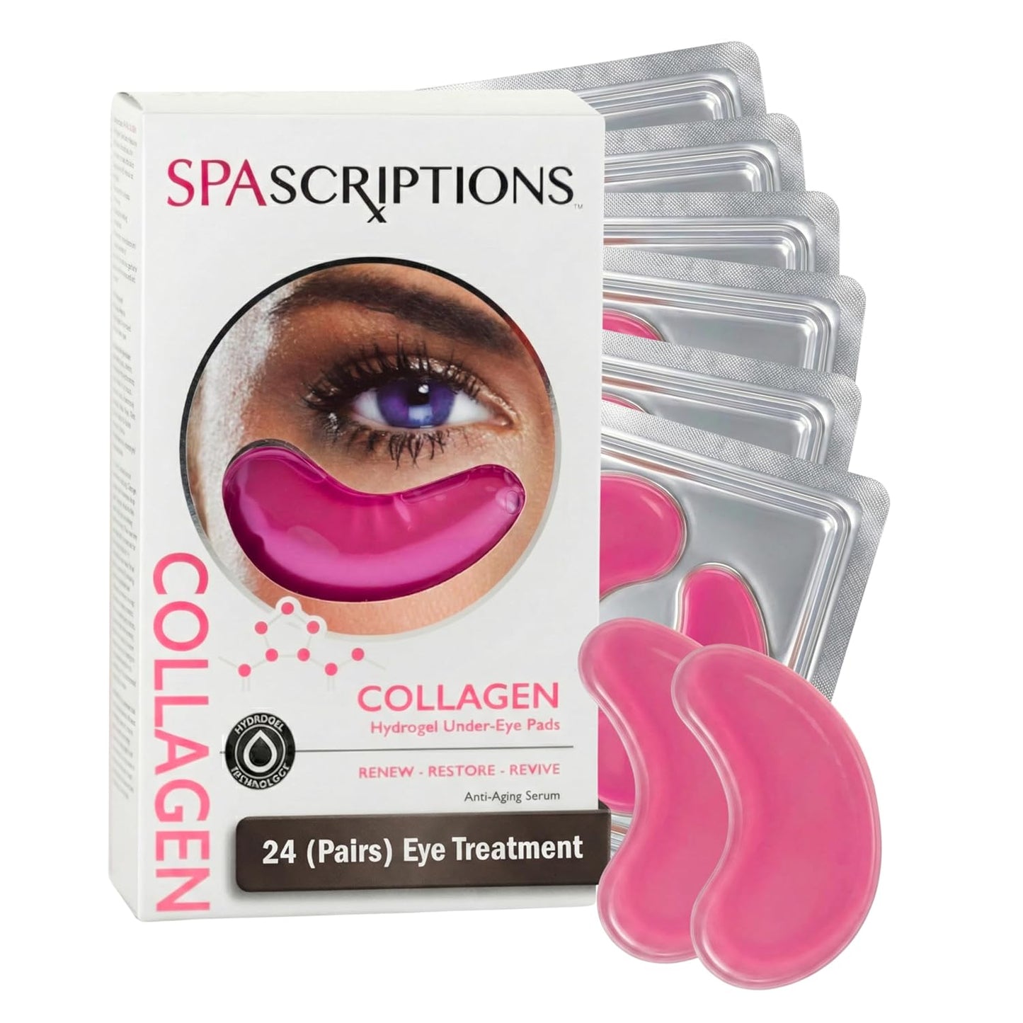 SpaScriptions Collagen Hydrogel Under Eye Patches - Anti-Wrinkle Eye Masks for Dark Circles & Puffiness, Firming & Hydrating Gel Eye Pads for Men & Women for Refreshing Daily Skin Care, 24 Pairs