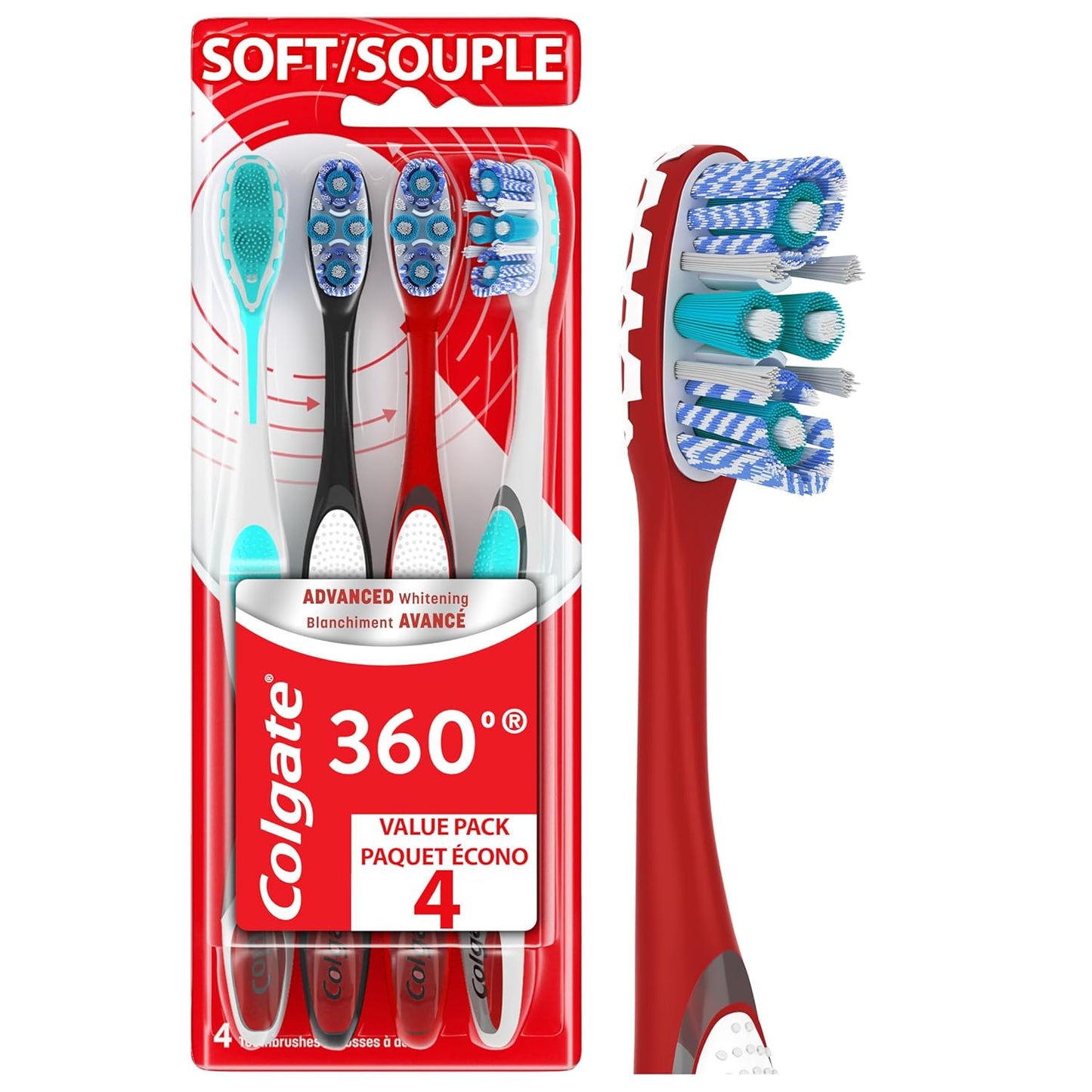 Colgate 360 Advanced Whitening Soft Toothbrush Pack, 4 Adult Soft Toothbrushes with Cheek and Tongue Cleaner, Helps Clean Your Teeth, Tongue, Cheeks, & Gums, 4 - Pack