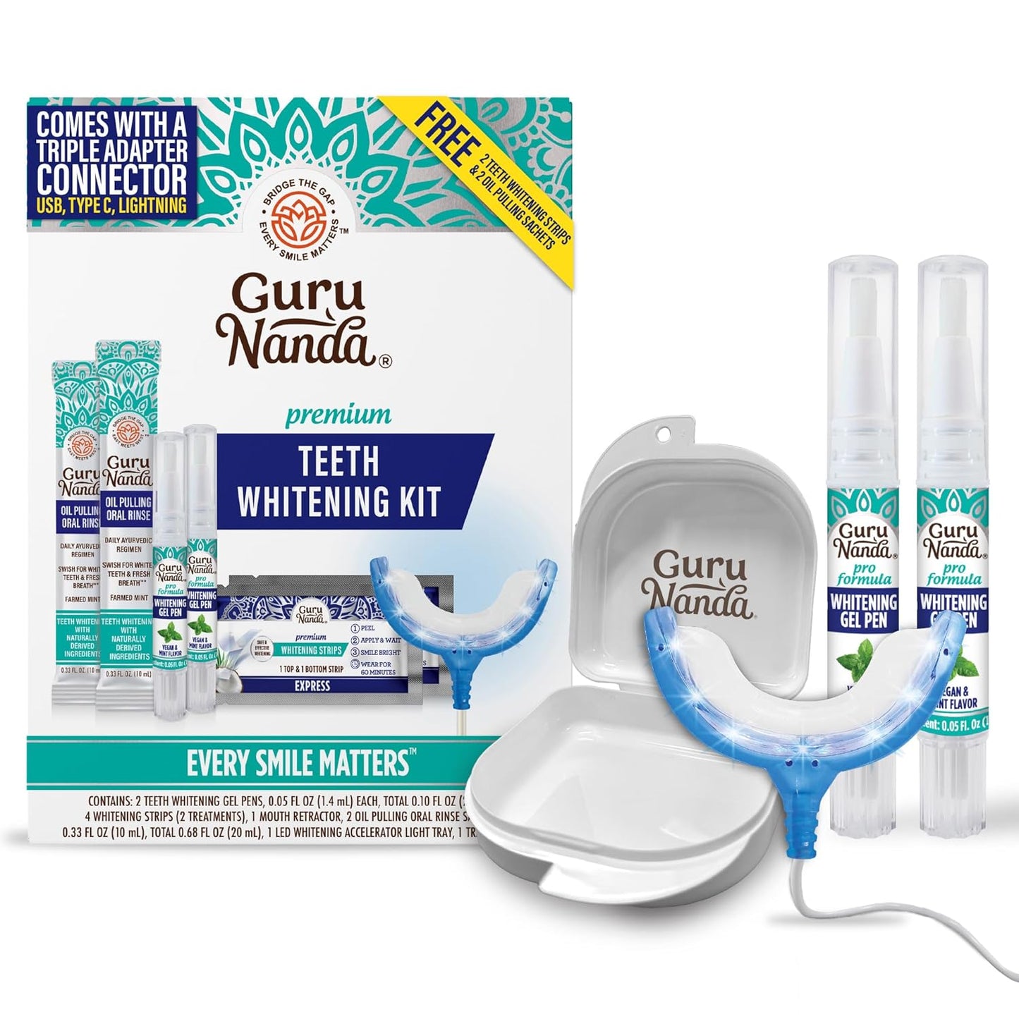 GuruNanda Premium Teeth Whitening Kit with Wired LED Light & Whitening Pen, Works with iPhone & Android, Helps Remove Surface Stains from Coffee, Food, Soda