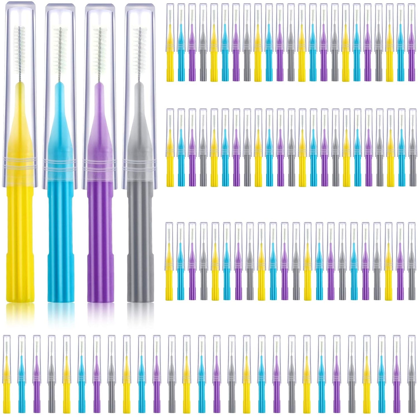 Patelai 100 Pieces Braces Brush for Cleaner Interdental Brush Toothpick Dental Flossing Head Oral Hygiene Flosser Tooth Cleaning Tool (Light Blue, Yellow, Gray, Purple)