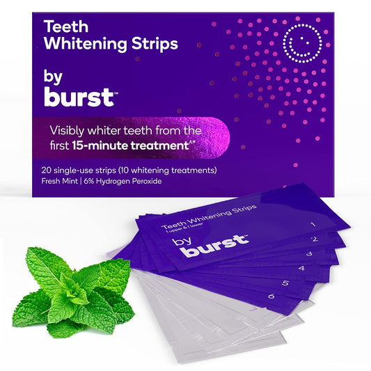 Burst Sensitive Teeth Whitening Strips (Mint) | 20 Strips/10 Treatments – Each with 1 Upper/1 Lower | Visible Results in 15 Minutes | No-Slip Grip | Enamel-Safe Whitening Kit