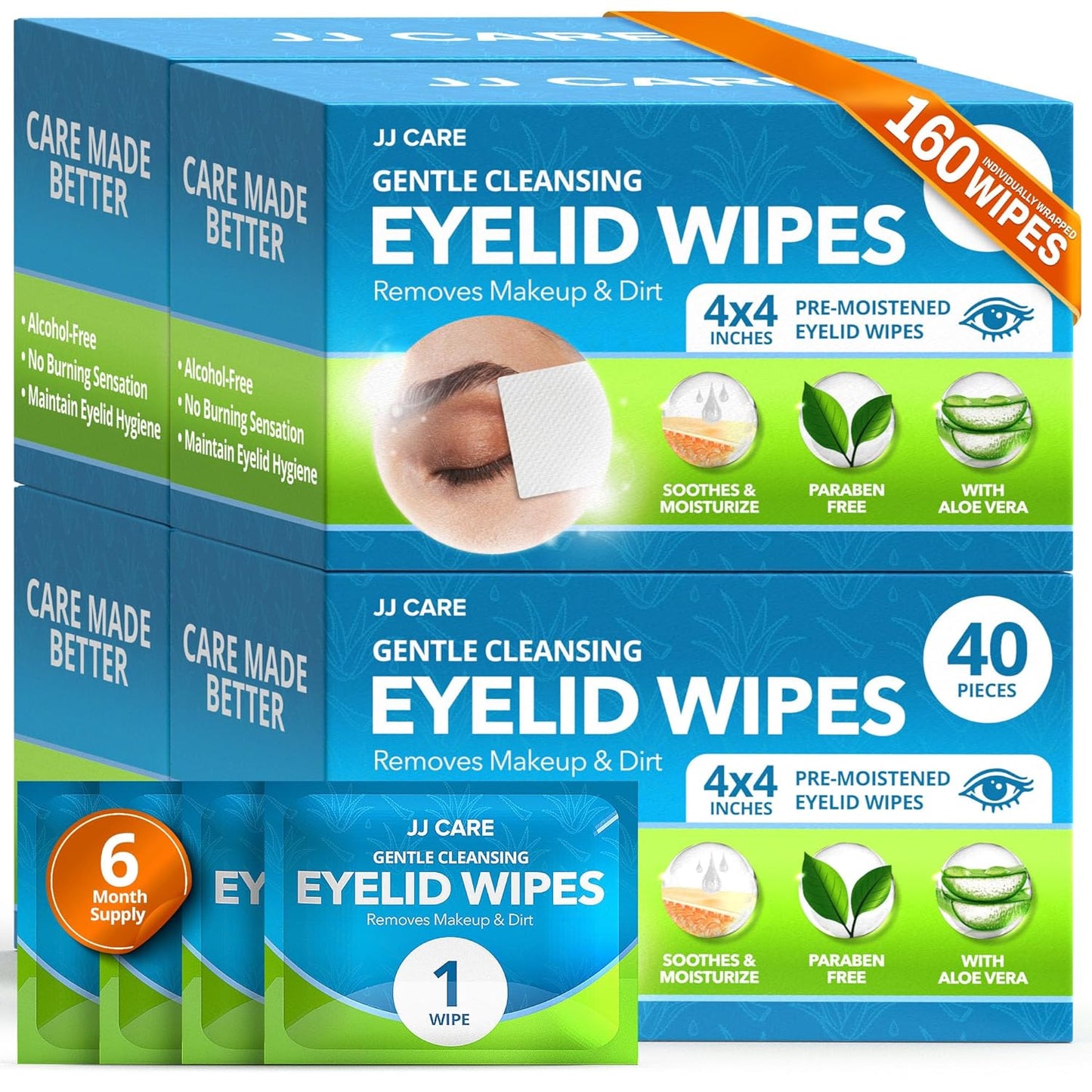 JJ CARE Eyelid Cleaning Wipes 160 PCs, Individually Wrapped Eye Lid Scrubbing Wipes, Moisturizing Eye Wipes for Irritated, Itchy, and Dry Eyes, Hypoallergenic Eye Scrub Cleaning Pads