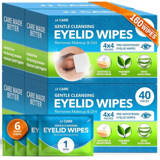 JJ CARE Eyelid Cleaning Wipes 160 PCs, Individually Wrapped Eye Lid Scrubbing Wipes, Moisturizing Eye Wipes for Irritated, Itchy, and Dry Eyes, Hypoallergenic Eye Scrub Cleaning Pads