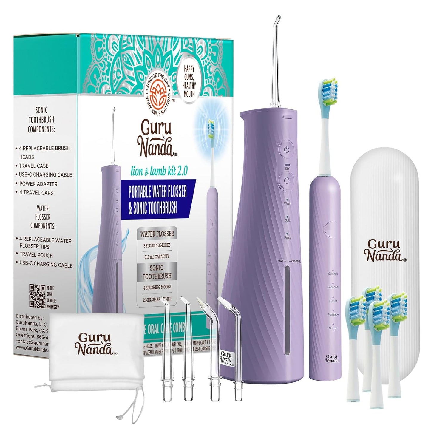 GuruNanda Lion & Lamb Kit 2.0, Electric Toothbrush with Water Flosser Combo, 4 Jet Tips, 4 Brush Heads, & IPX7 Waterproof Design for Complete Oral Care, Lavender