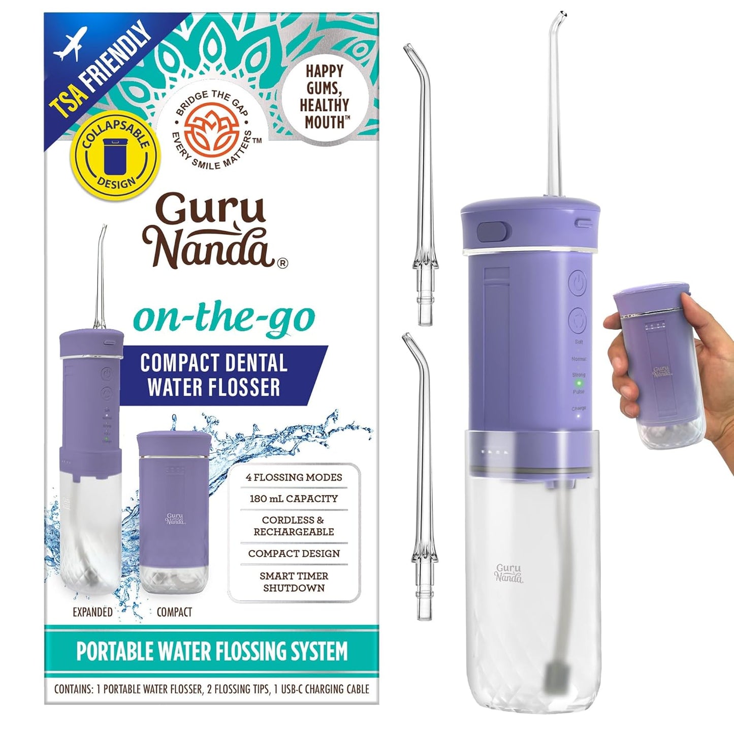 GuruNanda Compact Water Dental Flosser, Portable Travel Size Oral Irrigator Flosser with Collapsible 180 ml Tank, Smart Timer, 4 Flossing Modes, TSA-Friendly - Lavender