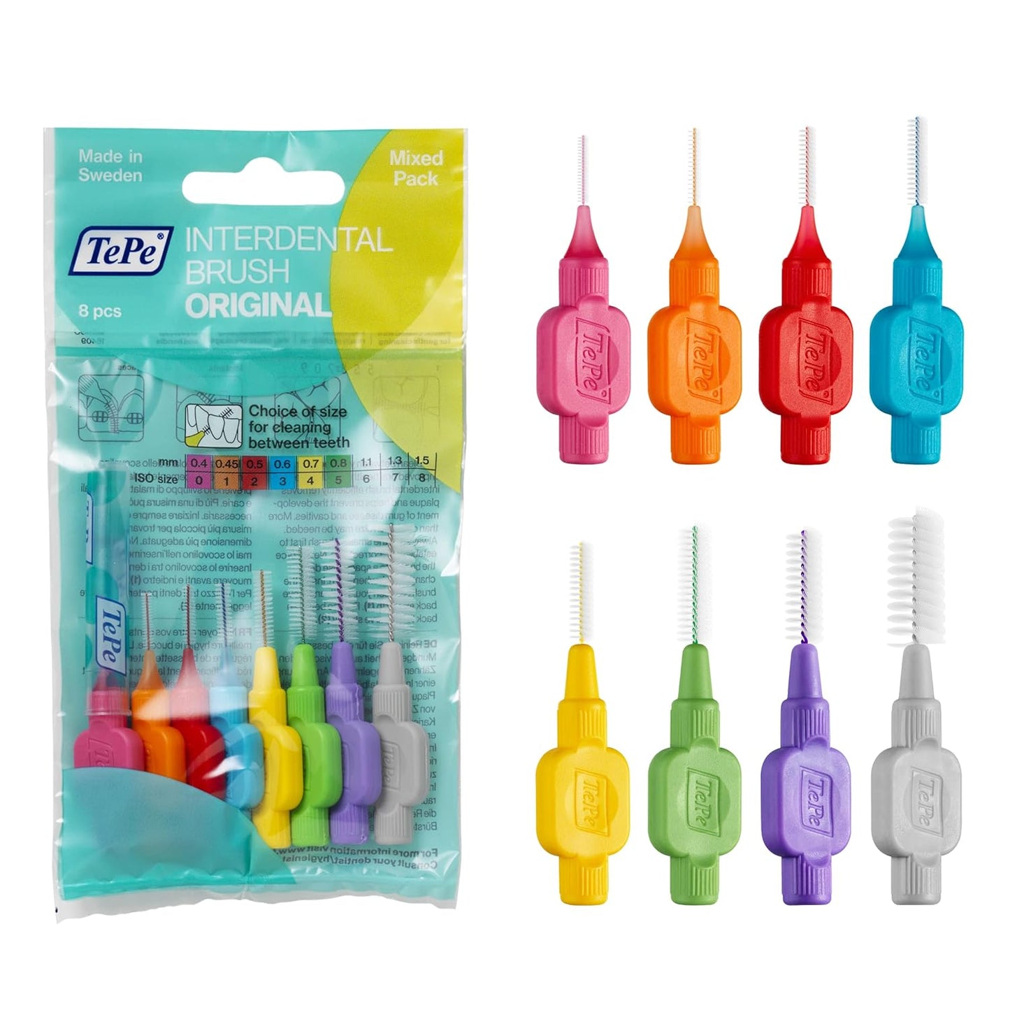 TePe Pack of 8 Interdental Brush Original, Soft Dental Brush for Teeth Cleaning, Mixed Pack