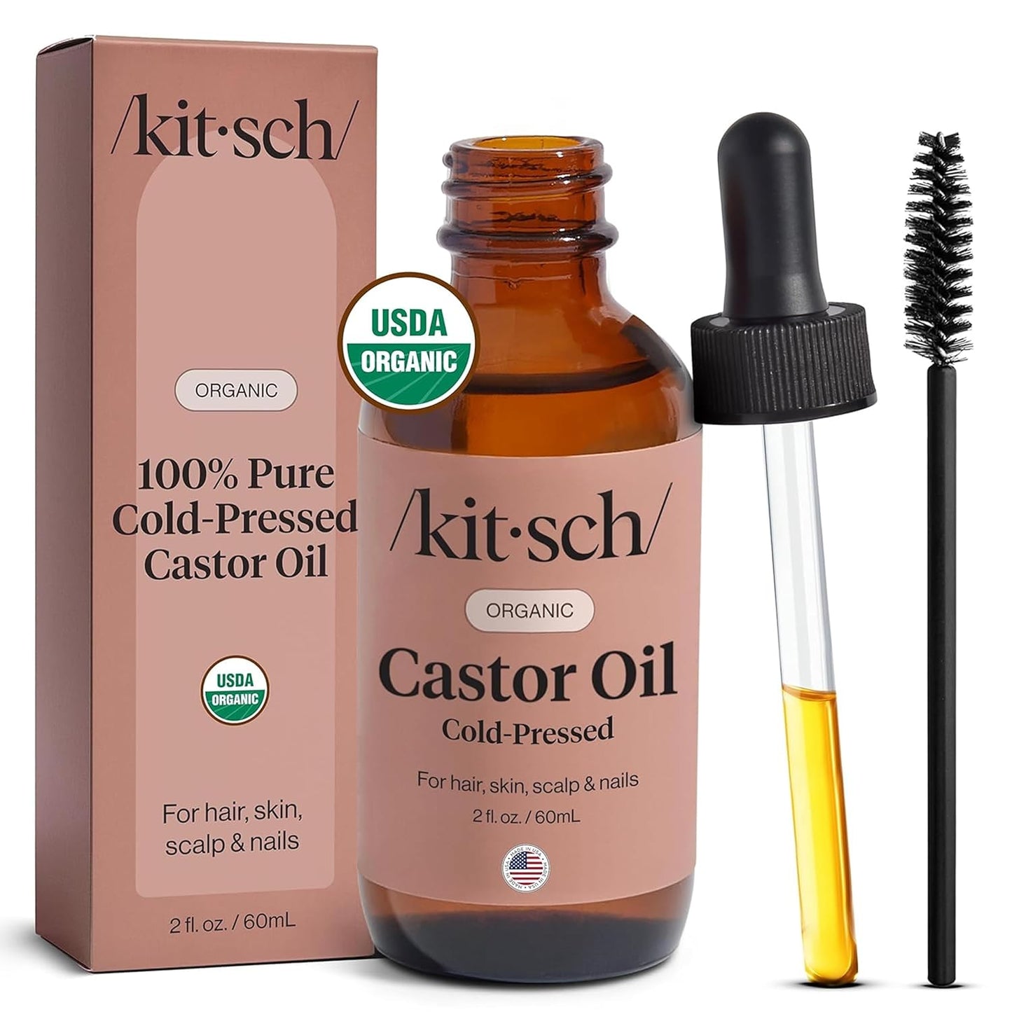 Kitsch Organic Castor Oil for Hair Growth - 100% Pure Castor Oil, Organic Cold Pressed Unrefined Glass Bottle for Face, Skin, Lashes, Brows, Scalp, Nails & Belly Button | Ideal Gifts for Women - 2 oz