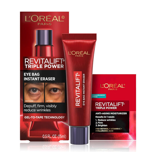 L'Oreal Paris Revitalift Triple Power Eye Bag Instant Eraser, Eye Tightener Treatment to Firm Bags, 0.5 oz + Sample