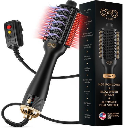 Blowout Brush Hair Dryer, 4-in-1 Blow Drying Brush, Automatic Dual Voltage, Ionic Hair Straightener w/No Heat Damage, Light 1.3 lb Blowout Tool, Blow Dryer Curling Wand, Hot Air Styler for All Types