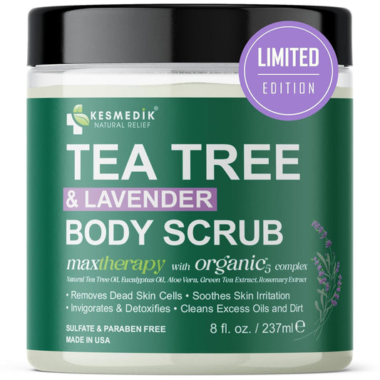 Pure Tea Tree Oil Body & Foot Scrub, Himalayan Salt Exfoliating Scrub with Stem Cells & Shea Butter, Antifungal Defense, Acne Support, Itchy Skin Relief, Removes Dead Skin & Rough Patches