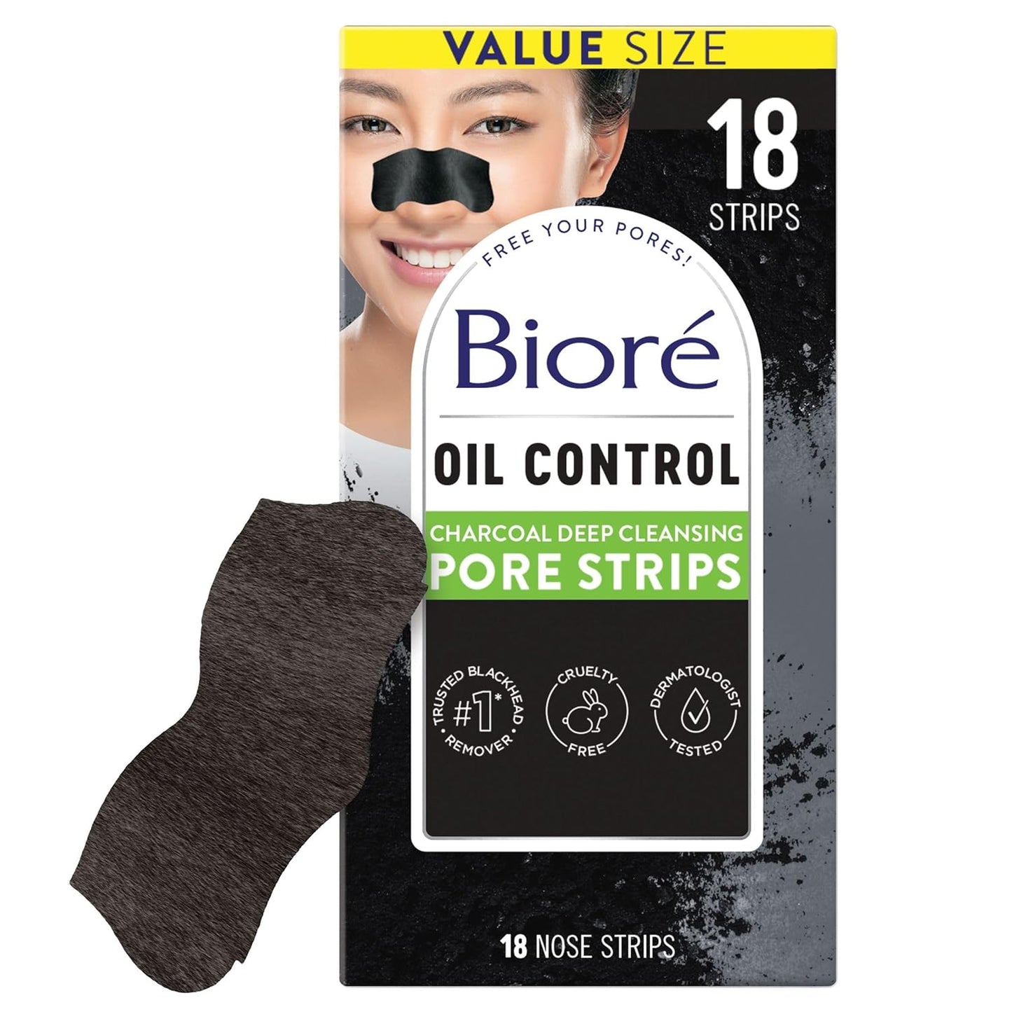 Biore Charcoal Deep Cleansing Pore Strips, Nose Strips for Blackhead Removal on Oily Skin, Features C-Bond Technology with Instant Pore Unclogging, 18 Count