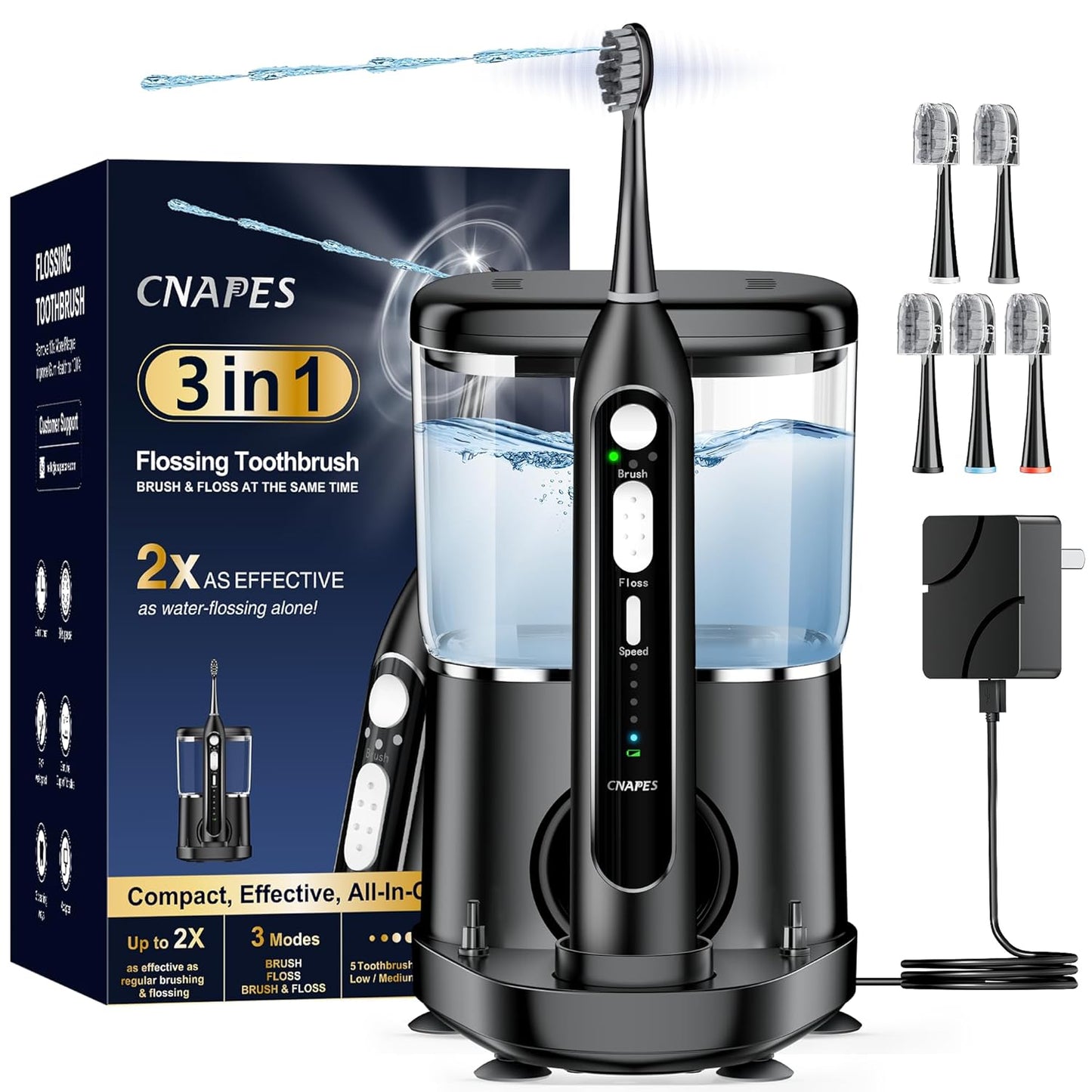 Electric Toothbrush with Water Flosser 3 in 1 Combo, Advanced 2.0 Flossing Toothbrush, Cordless Teeth Cleaning, 3 Modes&5 Speeds, Rechargeable Oral Dental Irrigator Kit for Adults, 5 Replacement Heads