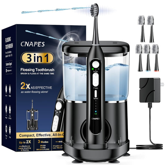 Electric Toothbrush with Water Flosser 3 in 1 Combo, Advanced 2.0 Flossing Toothbrush, Cordless Teeth Cleaning, 3 Modes&5 Speeds, Rechargeable Oral Dental Irrigator Kit for Adults, 5 Replacement Heads