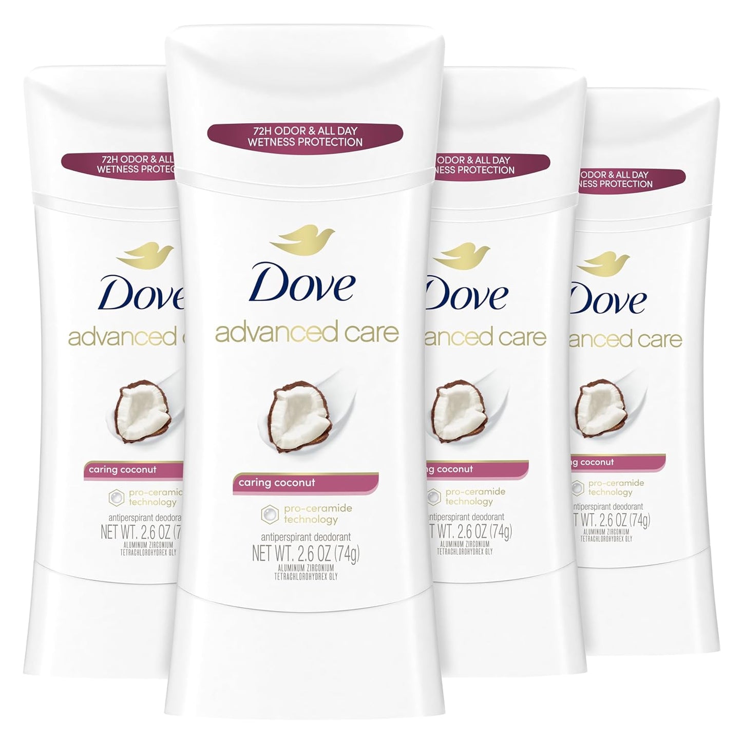 Dove Advanced Care Antiperspirant Deodorant Stick Caring Coconut 4 ct for helping your skin barrier repair after shaving 72-hour odor control and sweat protection with Pro-Ceramide Technology 2.6 oz