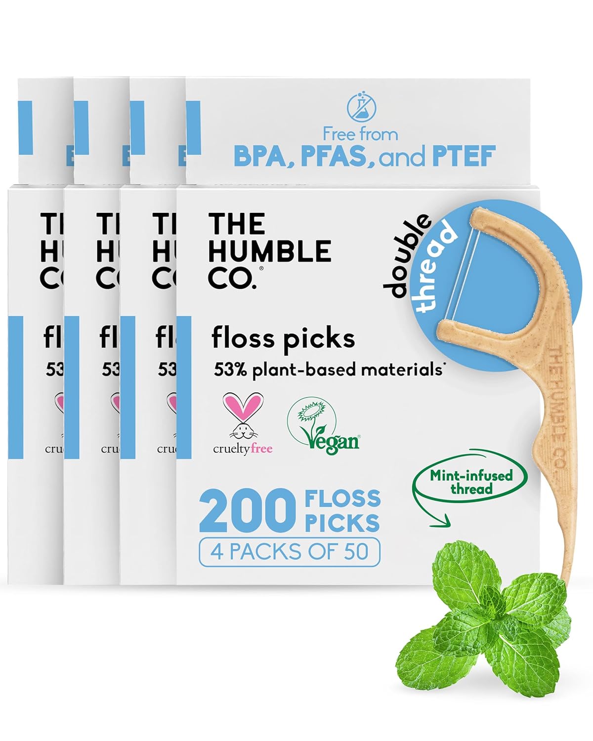 The Humble Co Dental Floss Picks for Teeth, 200 Count (Mint) - Double Thread Tooth Picks Flossers for Adults Gum Health - Toothpick Floss for Interdental Oral Care & Hygiene