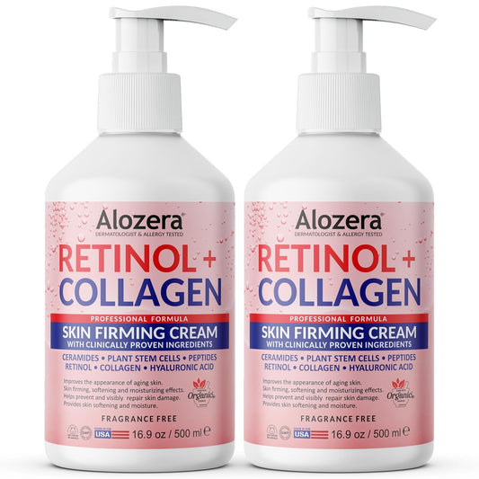 Alozera Skin Firming Retinol Collagen Body Lotion with Stem Cells for Aging Skin and Wrinkles, Non-Greasy, Lightweight Moisturizer, Fragrance-Free, 16.9 oz 2-Pack