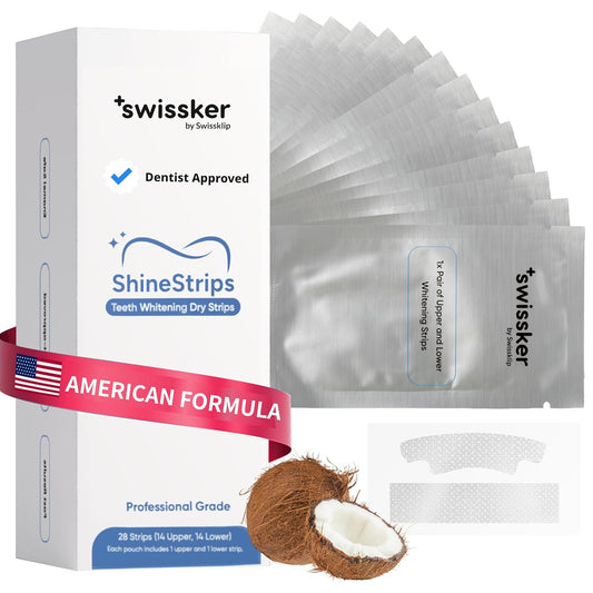 Swissker by Swissklip ShineStrips Teeth Whitening Strips, Enamel Safe, Dentist Formulated, Visible Results in 2–3 Treatments, 28 Strips (14 Upper + 14 Lower)
