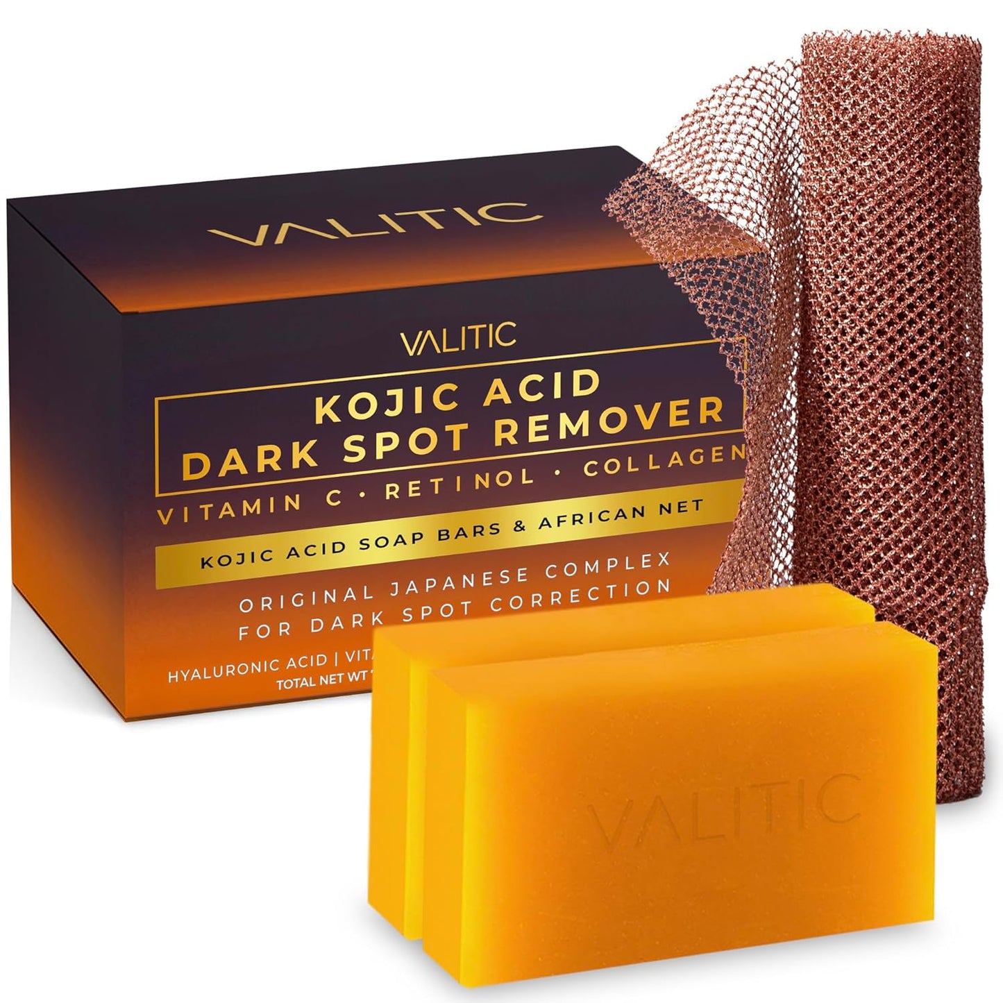 VALITIC Kojic Acid Dark Spot Remover Soap with Turmeric, Vitamin C, Retinol - Original Japanese Complex with Hyaluronic Acid, Vitamin E, Shea Butter, Castile Olive Oil - 2 Pack and African Net Sponge