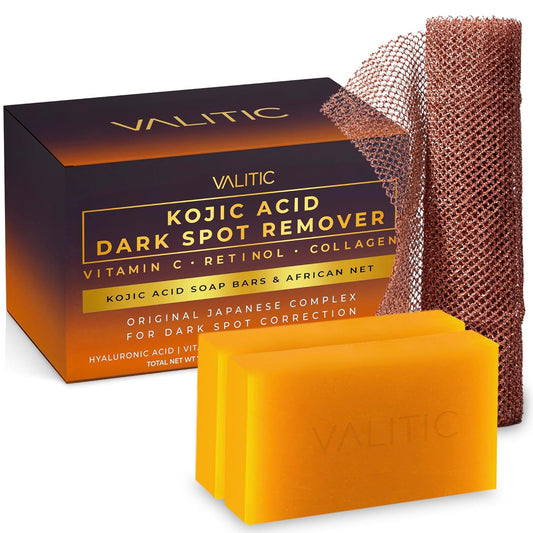 VALITIC Kojic Acid Dark Spot Remover Soap with Turmeric, Vitamin C, Retinol - Original Japanese Complex with Hyaluronic Acid, Vitamin E, Shea Butter, Castile Olive Oil - 2 Pack and African Net Sponge