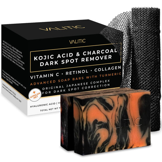 VALITIC Charcoal Kojic Acid Turmeric Black Soap Bar Dark Spot Remover for Body or Face Wash - 2 Pack and African Net Sponge