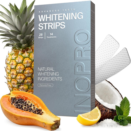 InoPro Natural Teeth Whitening Strips Kit 14 Treatments - Sensitive Teeth Whitener, Peroxide Free with Papain, Bromelain, Coconut Oil, White Strips for Teeth Whitening (28 Strips)