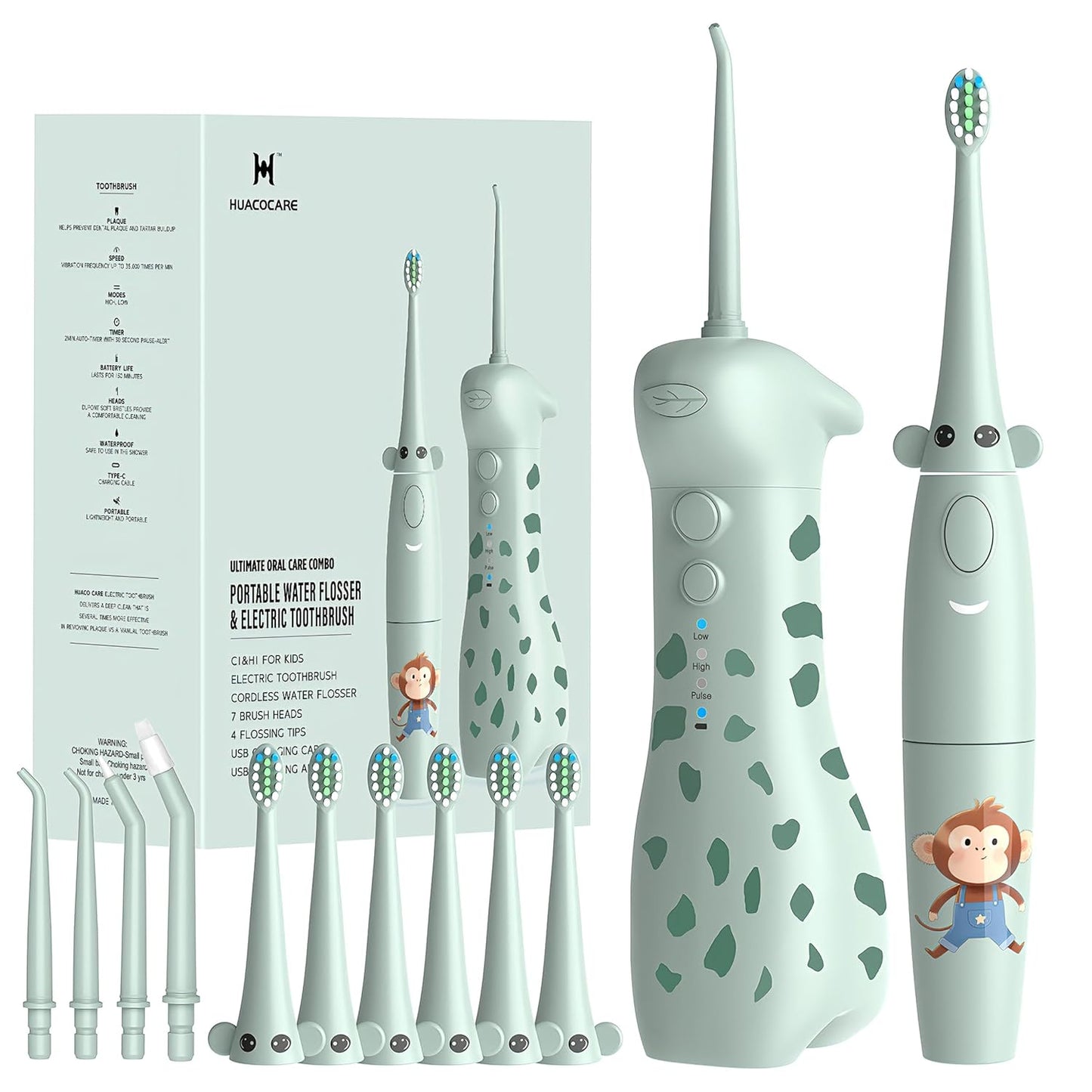 HUACOCARE Kids Water Flosser & Electric Toothbrush Combo | Giraffe & Monkey Design | 3 Gentle Modes & 2 Sonic Modes | All-in-One for Healthy Brushing Habits |Braces-Friendly | Gift for Boys & Girls