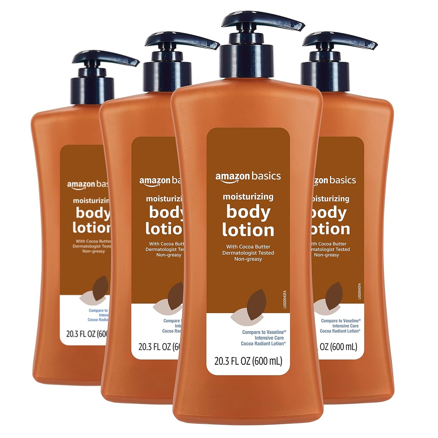 Amazon Basics Moisturizing Cocoa Butter Body Lotion for Dry Skin, Non-Greasy, Paraben Free, Lightly Scented, 20.3 Fl Oz, Pack of 4