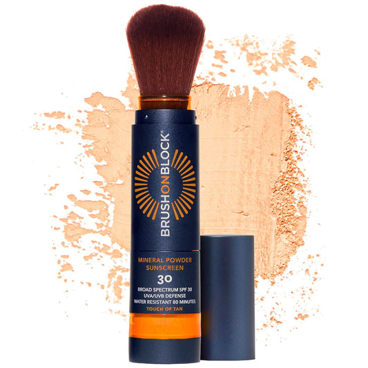 Brush On Block New Formula SPF 30 Mineral Powder Sunscreen, Touch of Tan, Refillable, Broad Spectrum, Water Resistant Face Protection, For All Skin Types, Subtle Hint of Color, Reef Friendly
