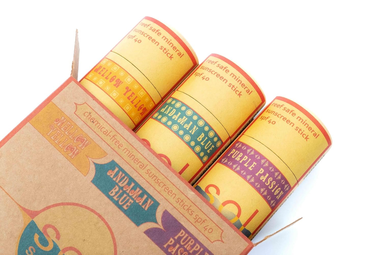 Colorful Zinc Sunscreen Sticks • All Natural • Non-Toxic • Reef Safe • Non-Staining • Plastic-Free Packaging, yellow, blue, and purple