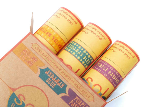 Colorful Zinc Sunscreen Sticks • All Natural • Non-Toxic • Reef Safe • Non-Staining • Plastic-Free Packaging, yellow, blue, and purple
